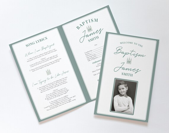 Editable Baptism Program, Baptism LDS Printable Digital, Songs Handout Boy Baptism photo, Green Program, Program Photo, Corjl