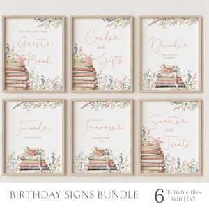 May include: Six printable 8x10 inch signs with floral designs and pink text. The signs say "Guest Book", "Cards and Gifts", "Drinks", "Food", "Favors", and "Sweets and Treats".