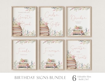 One for the Books signs bundle, First Birthday Editable Birthday Party Signs Template, 1st Birthday Party Floral Book Sign, Corjl, BL25