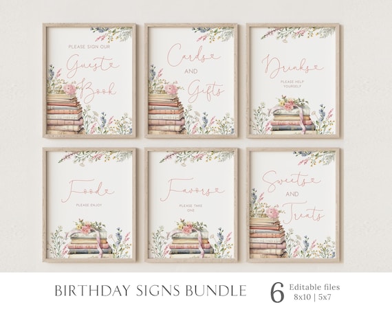One for the Books signs bundle, First Birthday Editable Birthday Party Signs Template, 1st Birthday Party Floral Book Sign, Corjl, BL25