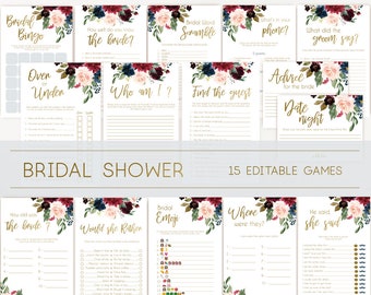 Bridal Shower Games, Bridal Shower Games Bundle, wedding shower games, editable games, Blue Navy Marsala Burgundy Blush and Gold