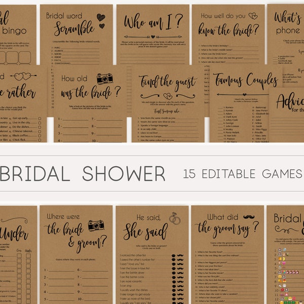 Bridal Shower Games, Bridal Shower Games Printable, Bridal Shower Games Bundle, Bridal Games Rustic, Editable Games, Wedding Shower Games