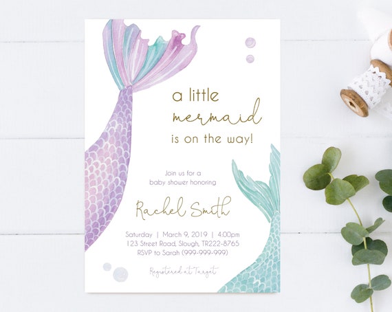 Mermaid Baby Shower invitation, Under the sea baby shower invitation, Little Mermaid, Lilac Teal Gold, Editable Mermaid Invitation, Corjl