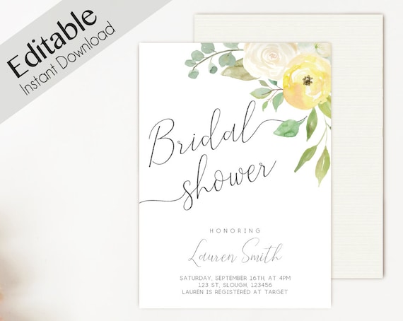 Bridal Shower Invitation Editable PDF, Bridal Shower Printable, Romantic Yellow White Floral, DIY Bridal Invitation White Yellow