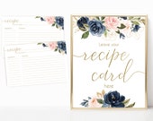 Recipe Cards Bridal Shower, Recipe Sign, Navy Blue Blush Rose Flowers Gold, Recipe Card  and Sign, INSTANT DOWNLOAD Printable, BG01