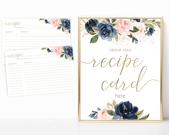 Recipe Cards Bridal Shower, Recipe Sign, Navy Blue Blush Rose Flowers Gold, Recipe Card  and Sign, INSTANT DOWNLOAD Printable, BG01