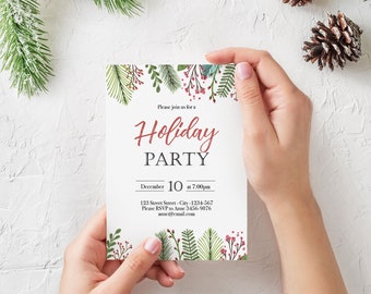 May include: A white holiday party invitation with a green and red floral border. The text reads "Please join us for a Holiday Party, December 10 at 7:00pm, 123 Street Street-City-1234-567, Please RSVP to Anne 3456-9876, anne@email.com"