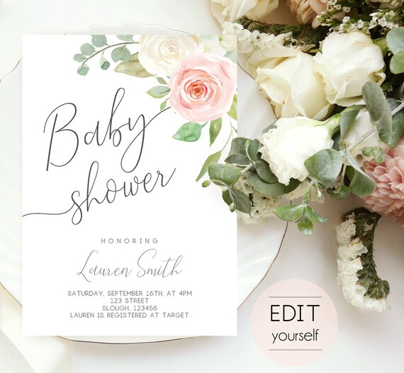 Baby Shower Invitation, Editable PDF, Baby Shower Printable, Romantic Blush Pink White Floral, DIY Baby Invitation