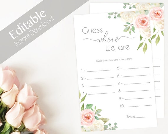 Bridal Shower Game Where we are Editable PDF Bridal Shower Romantic Blush Pink White Watercolor Flowers, Editable Game, guess where we are