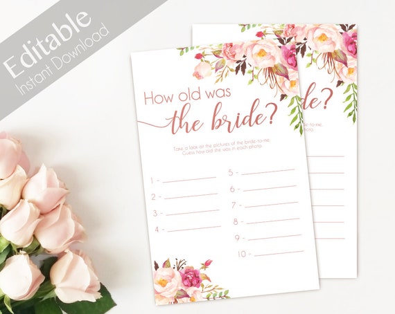 Bridal Shower Game How old was the bride, Editable PDF, Bridal Shower Romantic Blush Pink Rose Gold INSTANT DOWNLOAD Wedding Shower Game