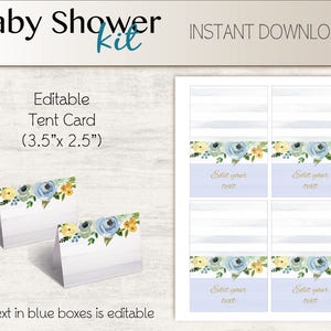 May include: Editable tent card template for a baby shower. The card is 3.5 inches by 2.5 inches and features a watercolor floral design with blue and yellow flowers. The text "Edit your text" is in blue boxes on the card.