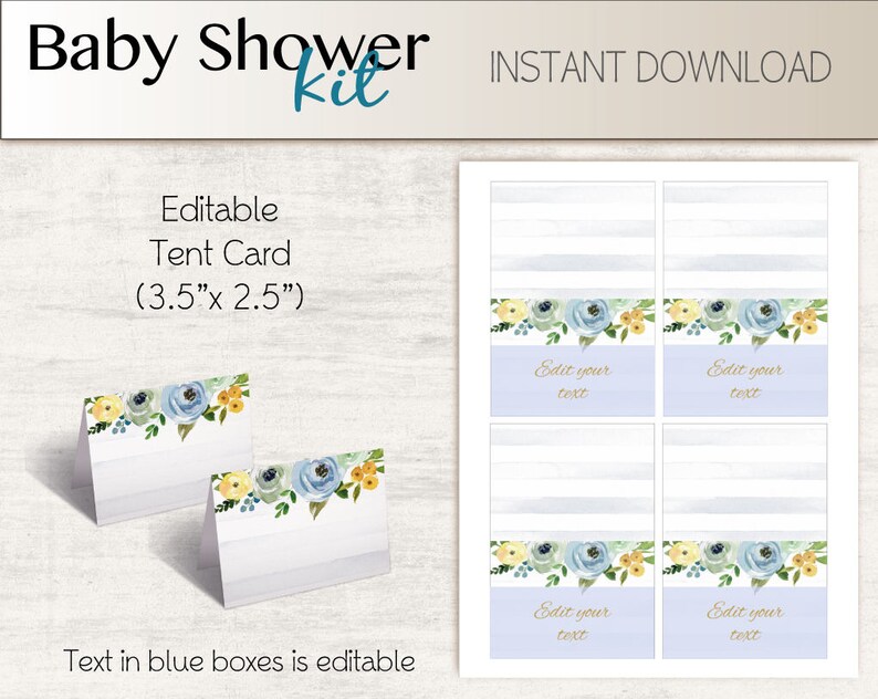 May include: Editable tent card template for a baby shower. The card is 3.5 inches by 2.5 inches and features a watercolor floral design with blue and yellow flowers. The text "Edit your text" is in blue boxes on the card.