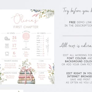 May include: A baby milestone poster with floral decorations. The poster features the baby's name, stats (24 inches, 17 pounds, 6 teeth), and other details. Text on the poster says "First Chapter" and "Try before you buy".