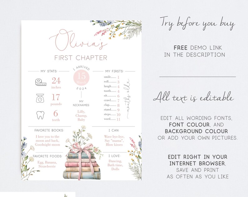 May include: A baby milestone poster with floral decorations. The poster features the baby's name, stats (24 inches, 17 pounds, 6 teeth), and other details. Text on the poster says "First Chapter" and "Try before you buy".
