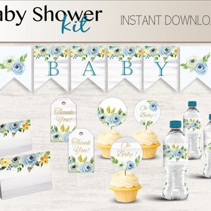 May include: A baby shower party kit with blue and yellow floral designs. The kit includes a banner that says "BABY", cupcake toppers, water bottle labels, and thank you tags.