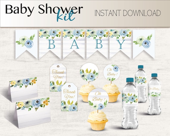 Baby Shower Kit, Baby Shower Boy Set, Baby Shower Decorations, Baby Shower Blue Floral, Banner+Tag+cupcake topper+ water bottle+tent card