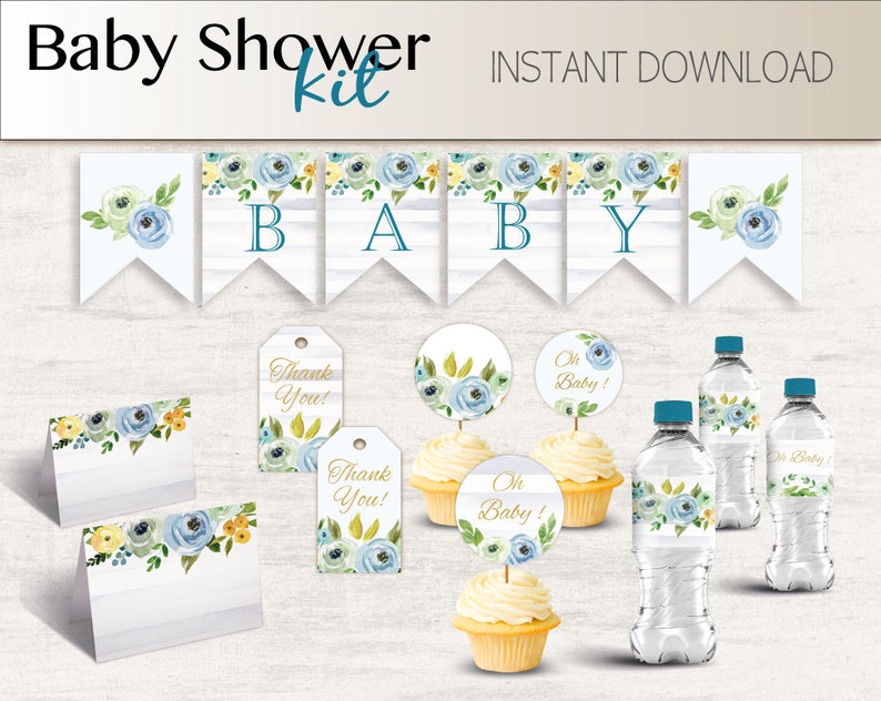 May include: A baby shower party kit with blue and yellow floral designs. The kit includes a banner that says "BABY", cupcake toppers, water bottle labels, and thank you tags.