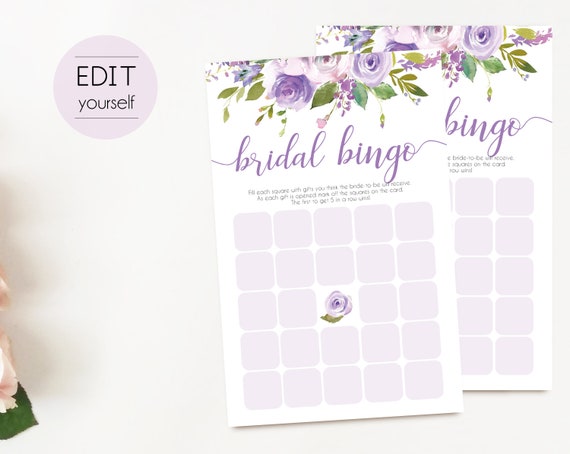 Bridal Bingo Game, Editable PDF, Bridal Shower Lilac Purple Floral, Watercolor Flowers, Wedding shower game, Bachelorette party game