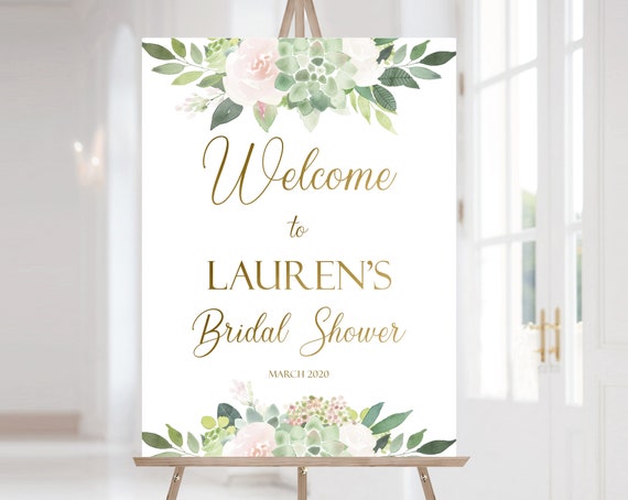 Succulent Welcome Sign Bridal Shower, Template Bridal Shower, Welcome Bridal Shower Sign Succulent Dusty Rose Flowers, Gold, Corjl