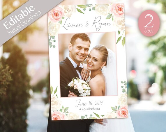 Wedding Photo Booth Frame, Wedding Photo Prop Frame, Photo Booth Prop, Instant Download, Editable PDF, Romantic White Blush Pink Floral