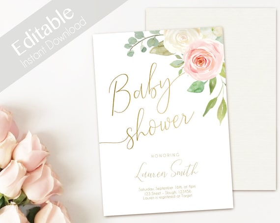 Baby Shower Invitation Editable PDF, Baby Shower Printable, Romantic Blush Pink White Floral Gold, DIY Baby Invitation White Pink 5x7 4x6