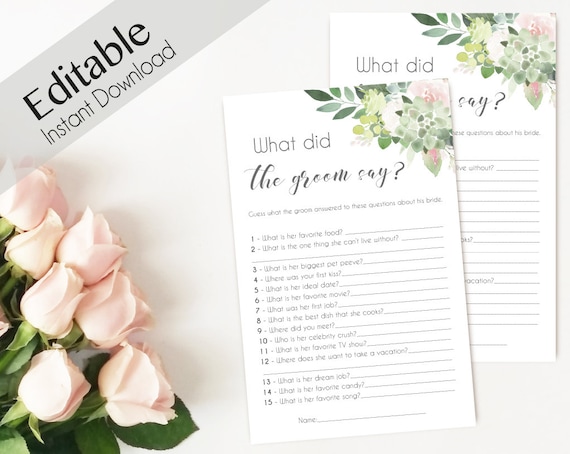 Bridal Shower Game What did the Groom Say about his Bride? Editable PDF Bridal Shower Succulent Greenery Dusty Rose Watercolor Flowers