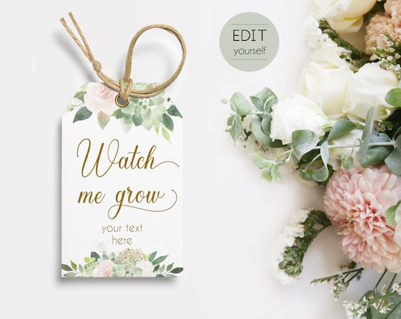 Baby Shower Favor Tag Succulent, INSTANT DOWNLOAD, Watch Me Grow Favor Gift Tag, Favor Tag Bridal Shower Template, Succulent Dusty Rose Gold