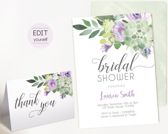 Succulent Bridal Shower Invitation, Editable Succulent Lilac Bridal Shower invitation, Printable Invitation Thank you card, Editable PDF