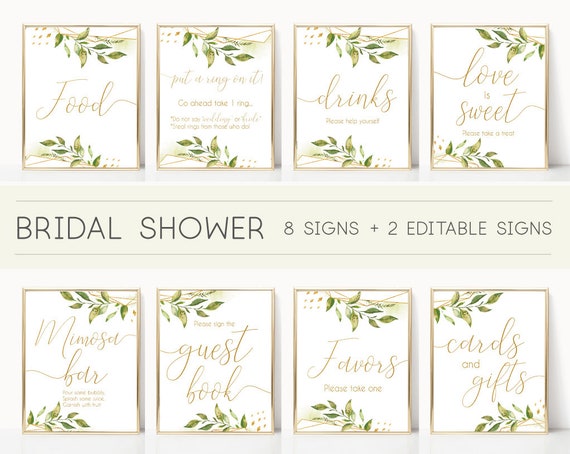 Bridal Shower Sign Set, Bridal Shower Sign Package Bundle, Printable Bridal Tea Sign, Greenery Bridal Shower Gold Sign, Editable Sign