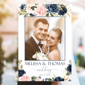 Wedding Photo Booth Frame, Wedding Photo Prop Frame, Photo Booth Prop, Instant Download, Navy Gold Dusty Rose Floral, Corjl