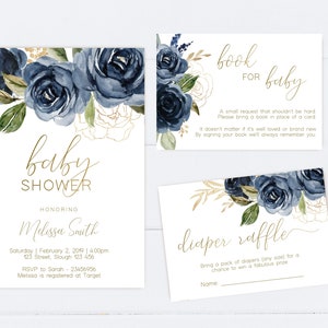 Baby Shower Invitation, Editable Navy Floral Gold Baby Shower invitation, Printable Baby Shower Invitation, Blue Navy Baby, Corjl