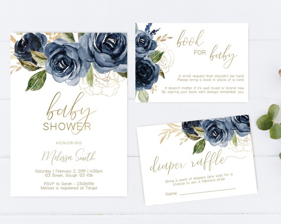 Baby Shower Invitation, Editable Navy Floral Gold Baby Shower invitation, Printable Baby Shower Invitation, Blue Navy Baby, Corjl