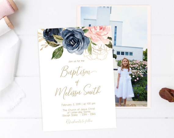 Baptism Invitation Girl, Editable PDF, Navy Gold and Blush Floral Invitation, Baptism Invite, Flower watercolor Baptism, Baptism Template