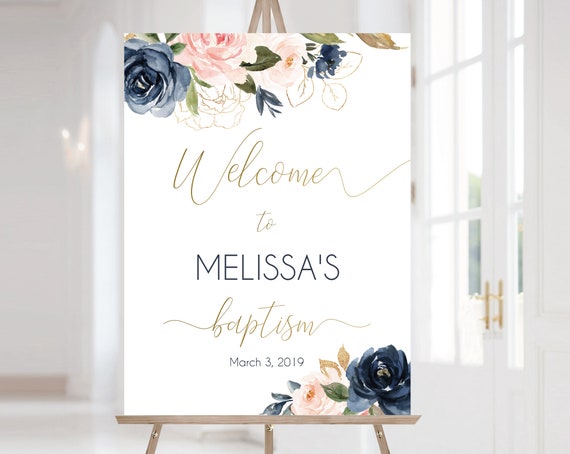 Welcome Sign Baptism Template, Editable Navy Gold Dusty Rose Floral, Baptism Welcome Sign, Printable Baptism, Corjl