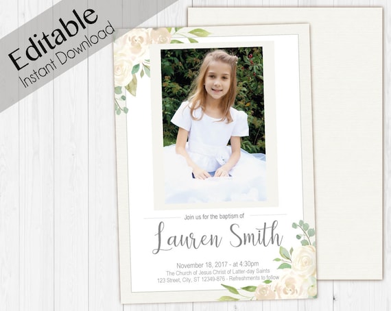 Baptism Invitation Girl, Editable PDF, Girl Invitation white flowers, Baptism Invite, invitation double side, back side, Baptism template