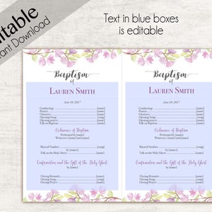 Baptism Program, Editable PDF, Printable Digital Handout Girl Baptism ...