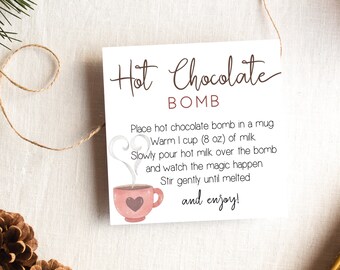 Etiqueta de bomba de chocolate caliente, etiqueta de bomba de chocolate caliente editable, etiqueta de bomba de cacao caliente imprimible, regalo de Navidad, favor de fiesta, Corjl, HC01