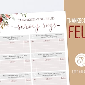 Thanksgiving Family Feud game, Editable Thanksgiving Feud, Friendsgiving game, Thanksgiving printable, Thanksgiving games, Corjl
