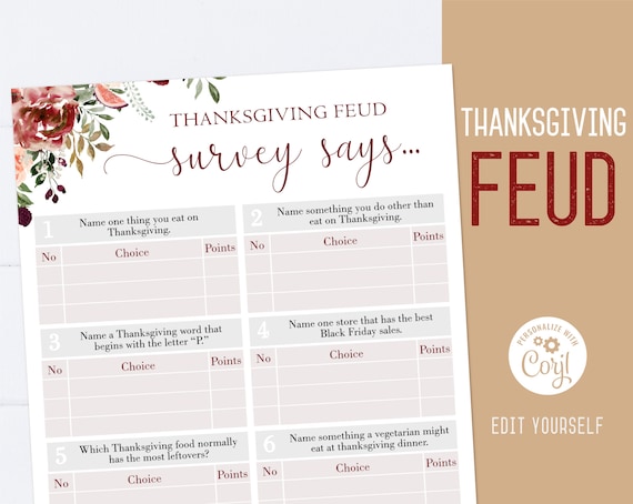 Thanksgiving Family Feud game, Editable Thanksgiving Feud, Friendsgiving game, Thanksgiving printable, Thanksgiving games, Corjl