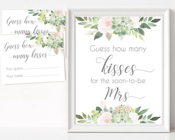 How many kisses for the soon-to-be Mrs, Succulent Bridal Shower Blush Pink How many kisses cards and sign Bridal Shower How many kisses card