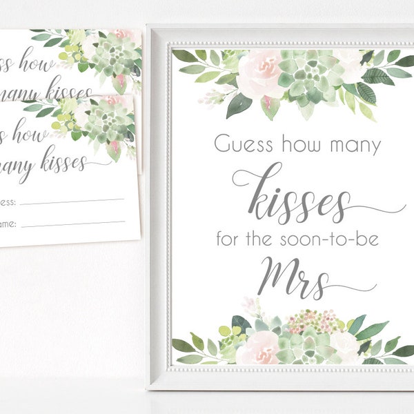 How many kisses for the soon-to-be Mrs, Succulent Bridal Shower Blush Pink How many kisses cards and sign Bridal Shower How many kisses card