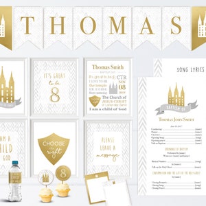 Baptism Kit LDS, Editable LDS Baptism Program, Cupcake Toppers, Water Bottle Wraps, Note Card, Poster Baptism, banner, neutral baptism, gold