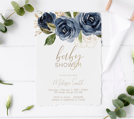 Baby Shower Invitation, Editable Navy Floral Gold Baby Shower invitation, Printable Baby Shower Invitation, Editable PDF, Blue Navy Baby