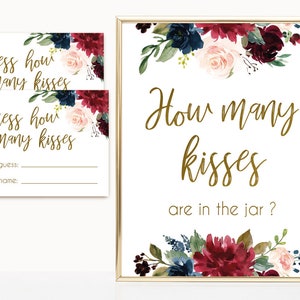 How many kisses are in the jar, Blue Navy Marsala Burgundy Blush Floral Gold, How many kisses cards and sign, How many kisses card