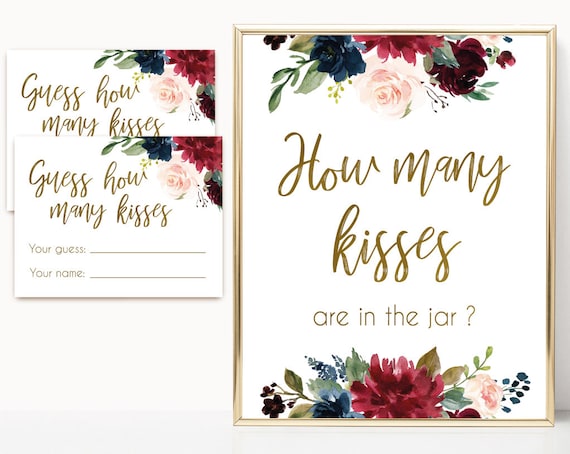 How many kisses are in the jar, Blue Navy Marsala Burgundy Blush Floral Gold, How many kisses cards and sign, How many kisses card