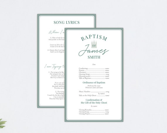 LDS Baptism Program, Editable Baptism Program, Green Baptism Program, Instant Download, Baptism Program Template, Corjl