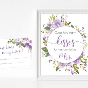 How many kisses for the soon to be Mrs, Floral Bridal lilac lavender, How many kisses cards and sign, Bridal Shower How many kisses
