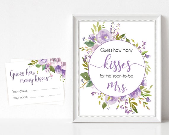 How many kisses for the soon to be Mrs, Floral Bridal lilac lavender, How many kisses cards and sign, Bridal Shower How many kisses