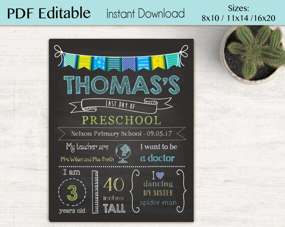 Last Day of School Sign, Last day of School Chalkboard Editable school sign, Chalkboard Boy, Blue Green, Kindergarten, INSTANT DOWNLOAD