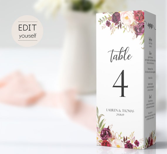 Triangle Table Numbers, Three-sided Table Numbers, Menu Program, Editable PDF, Instant Download, Marsala Burgundy Peonies Floral